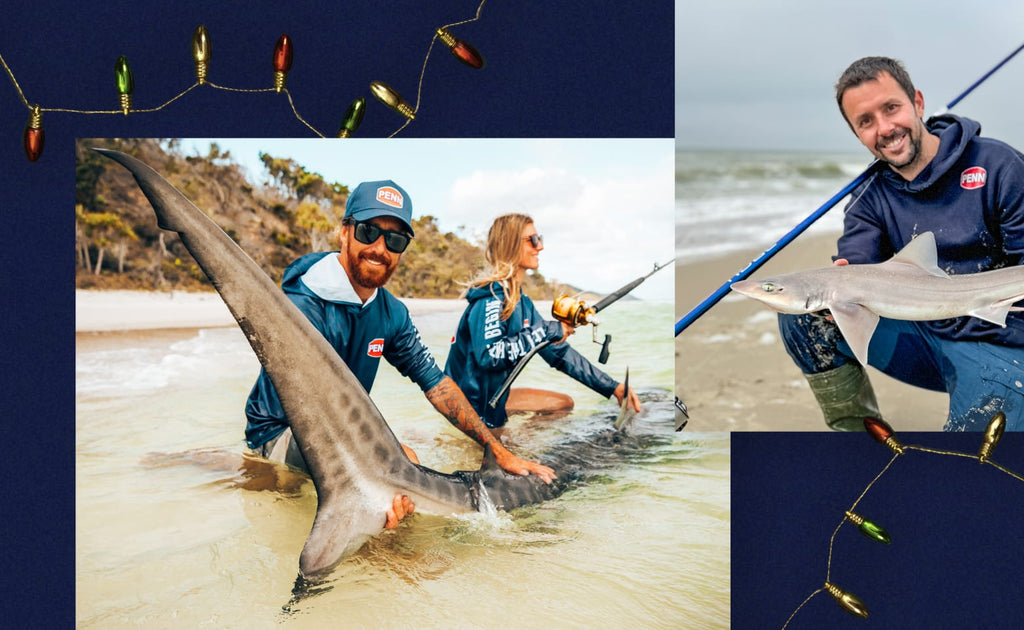 Two people on a beach with a large fish, followed by a man holding a shark, all against a blue background with fishing lures.