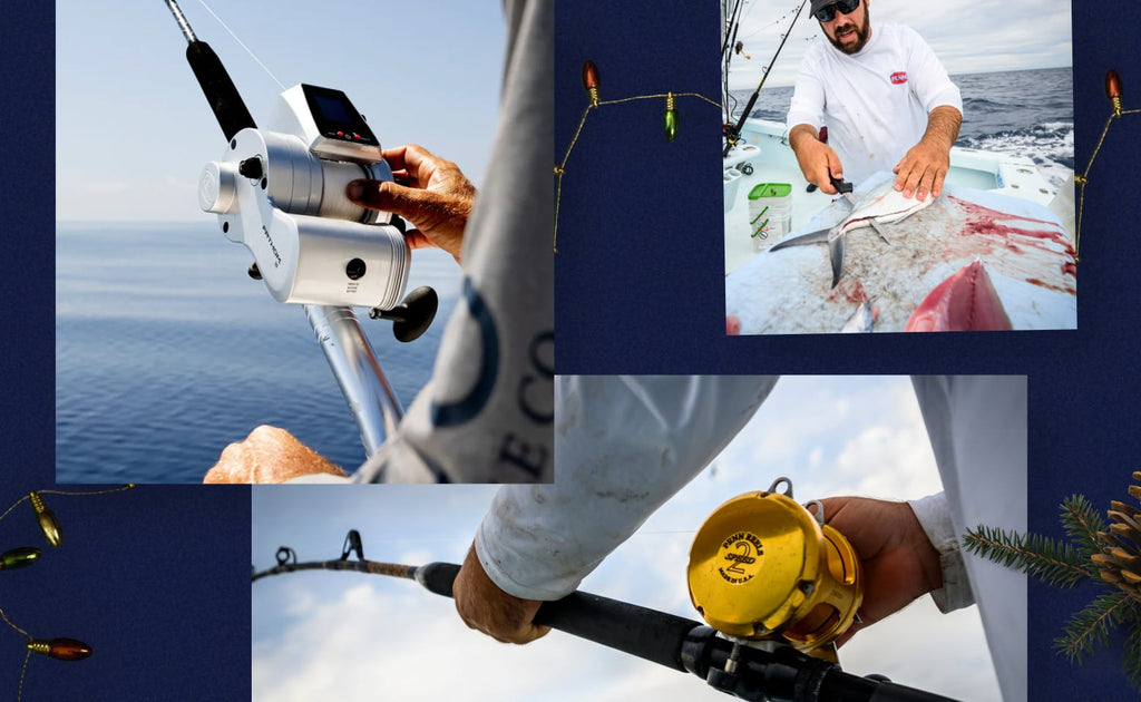 Collage of fishing activities including a close-up of a fishing rod, a person holding a fish, and another person using a smartphone.