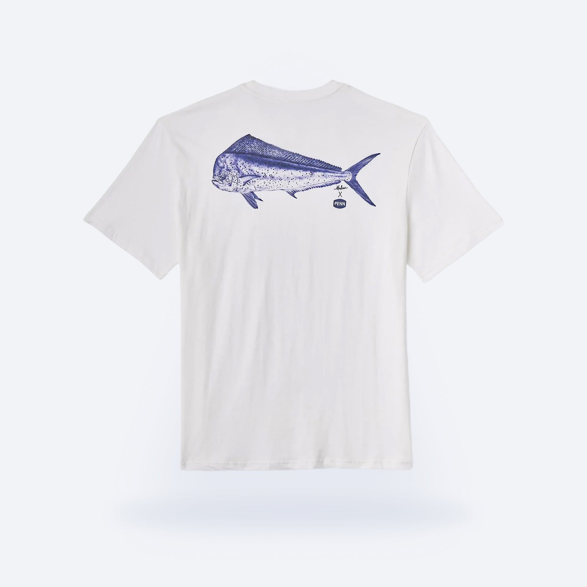White t-shirt with a blue fish graphic on the back against a white background