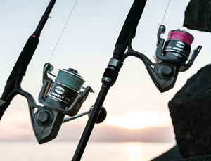 Two fishing rods with Penn reels against a blurred natural background