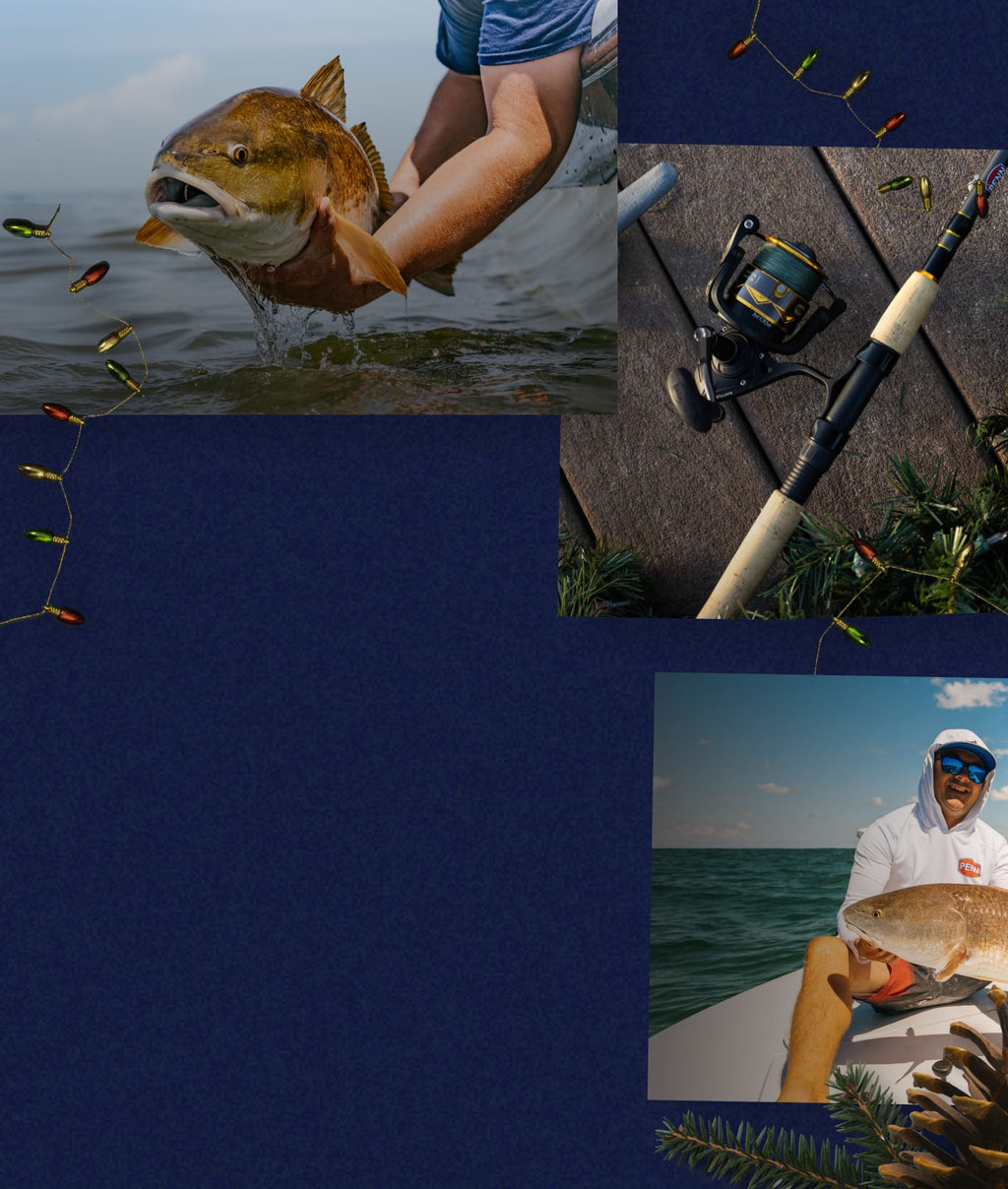 Collage of fishing activities including a fish being held, a fishing rod with lures, and a person on a boat with a fish.