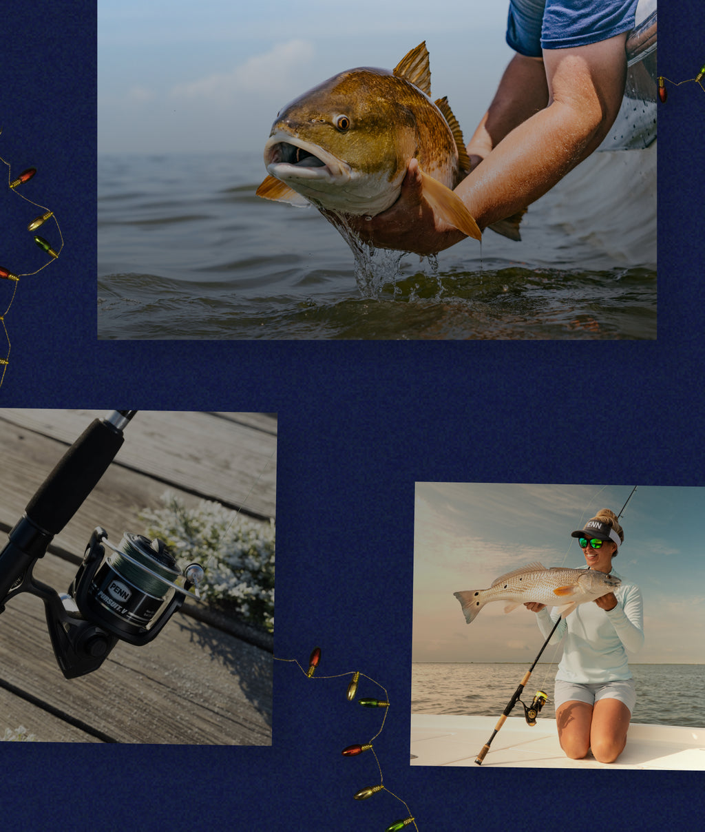 Collage of fishing activities including a person holding a fish, a fishing rod with lures, and a person holding a fish on a boat.
