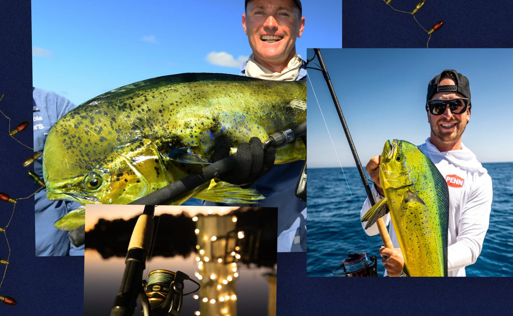 Collage of a man holding a fish with fishing equipment and another fish close-up.