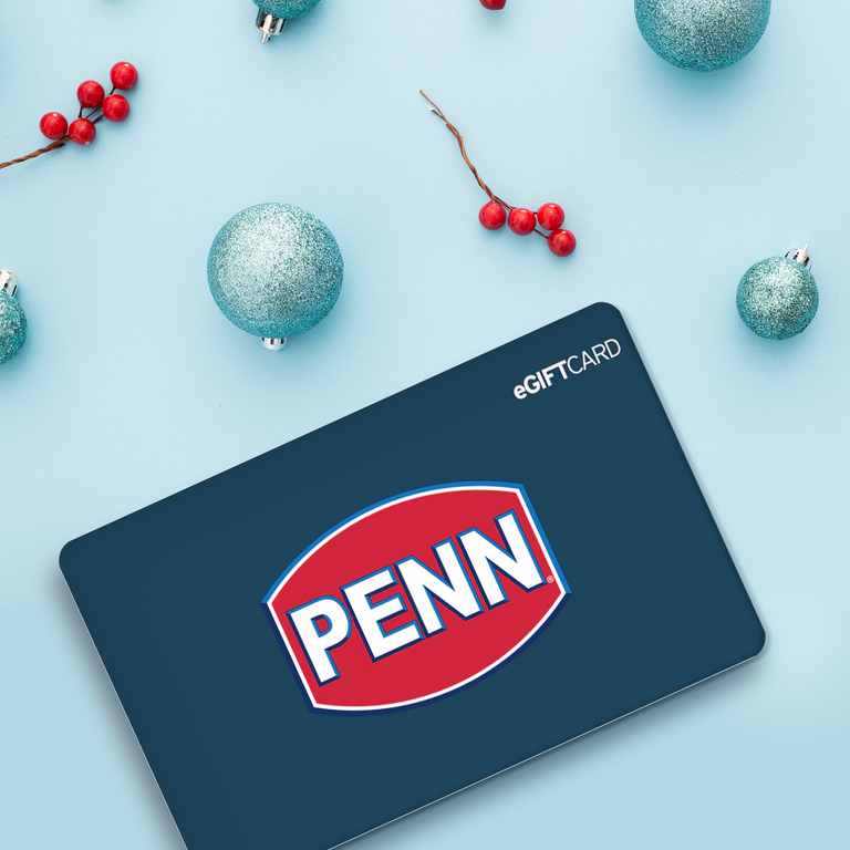Penn e-gift card next to Christmas ornaments on blue background