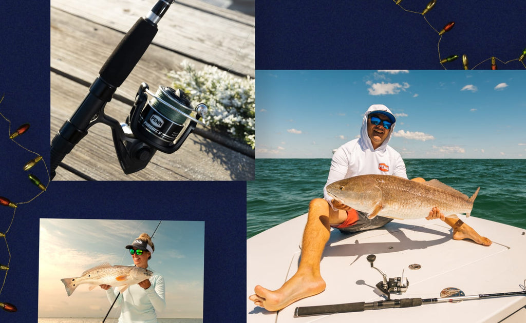 Collage of fishing-related images including a fishing rod, a fisherman with a catch, and fishing equipment.